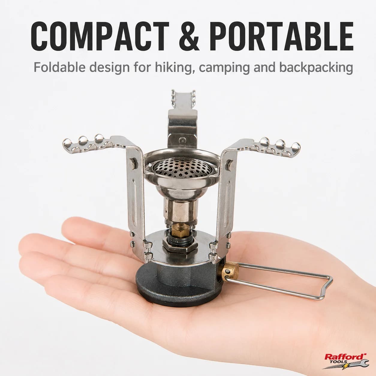 RaffordPortable Folding Camping Stove with Stable Pot Support, Adjustable Flame Control and Threaded Gas Connection