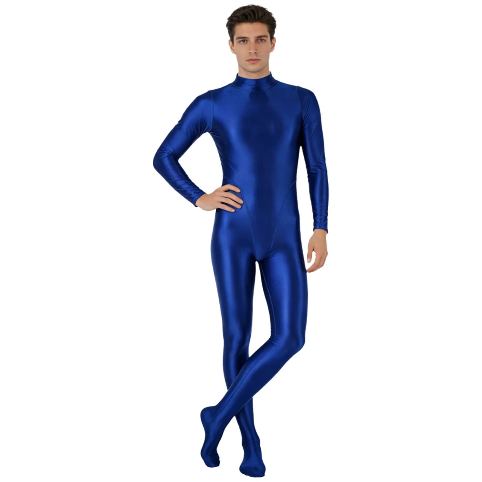 Costume da Bagno Intero Lucido da Uomo, Manica Lunga con Zip Posteriore, Protezione UV, Tuta da Ginnastica, Body Intero con Piedi