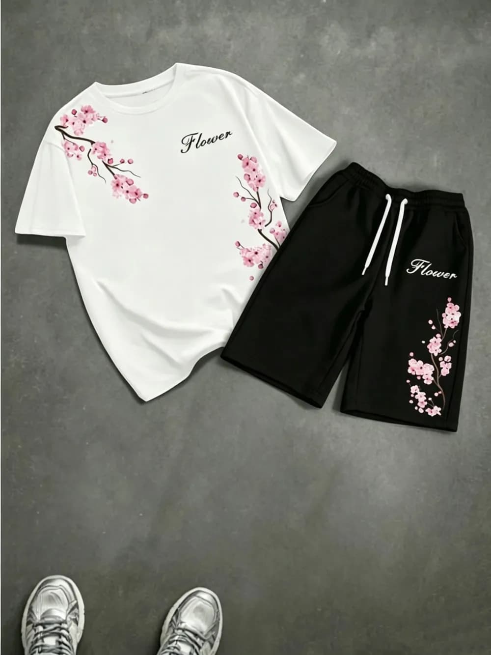 Men's Summer Cherry Blossom Letter Printed Comfortable Breathable Round Neck T-shirt Drawstring Shorts Set Outdoor Casual Wear