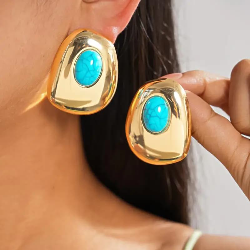 Vintage Turquoise Oval Ear Studs Gold Plated Stainless Steel Tarnish Resistant Earrings for Women Wedding Guest