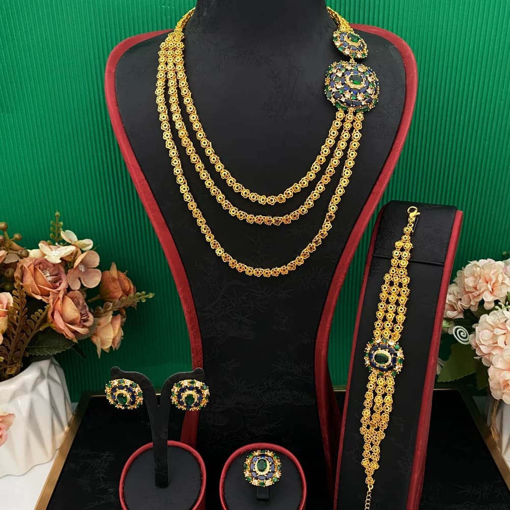 JRH Set di gioielli da donna in rame placcato oro del Medio Oriente Festival con orecchini con collana ad anello con bracciale multistrato in zirconi