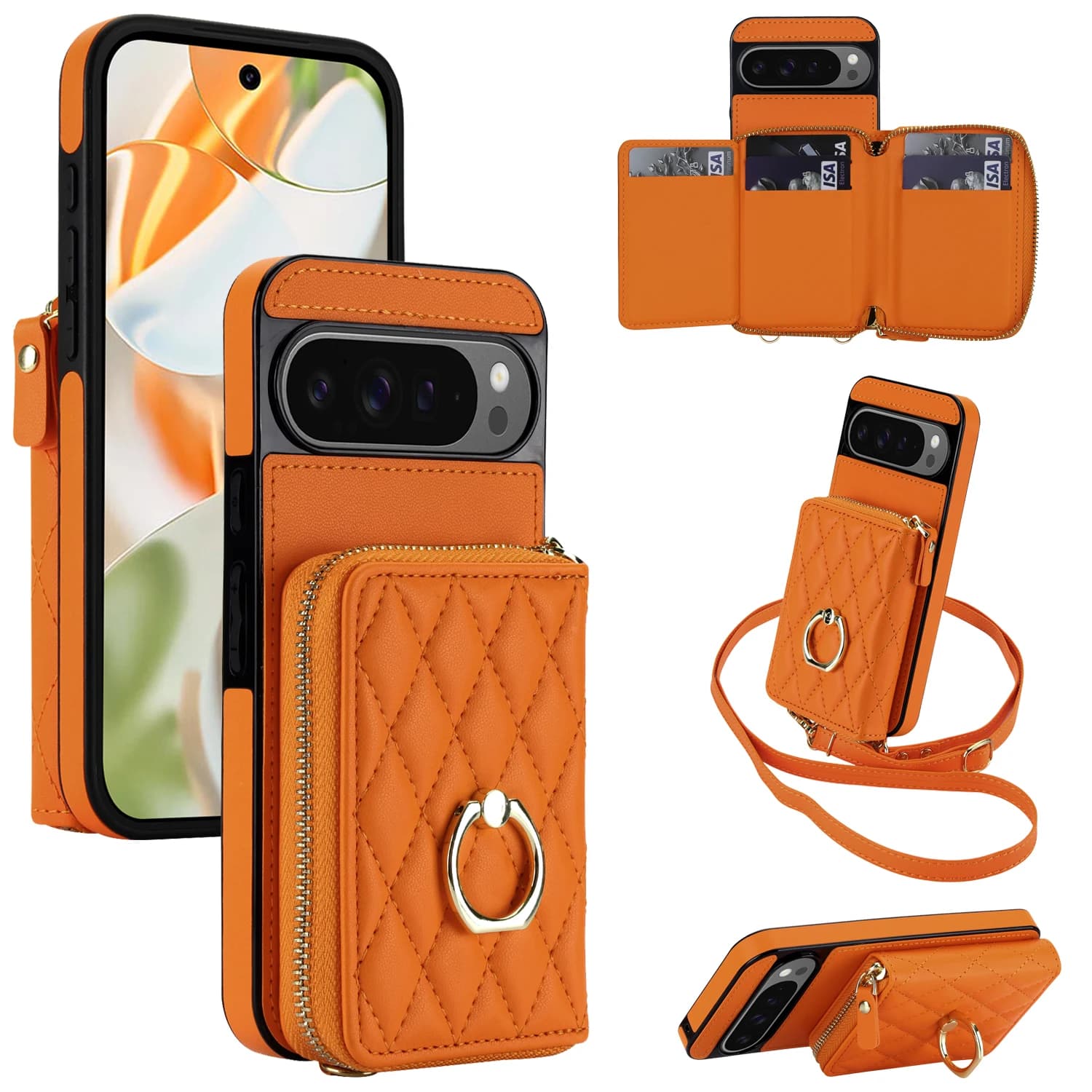 Crossbody Long Lanyard Zipper Card Holder Leather for Google Pixel 10 Pro XL 9a Shockproof Stand Comfortable Grip RFID Cover