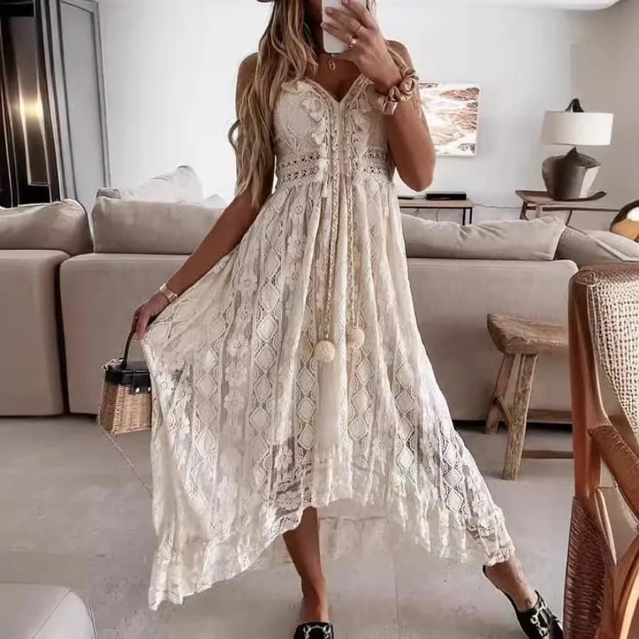 【Nuovo stile】Abito lungo con bretelle in pizzo, nuovo stile estate 2019, abito in tinta unita