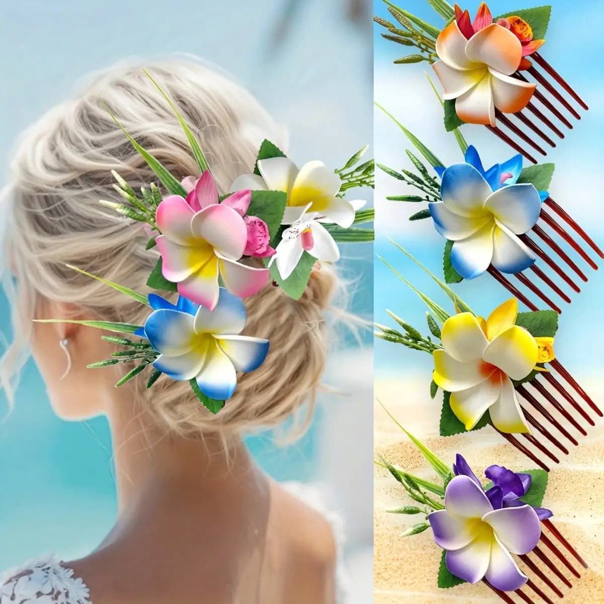 Pettine per capelli Plumeria da donna, fermaglio per capelli a fiore hawaiano, accessorio per capelli estivo da sposa per matrimoni in spiaggia, stile boho