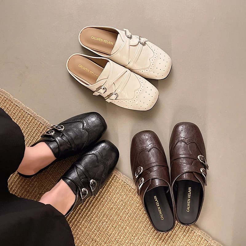 Women's Vintage Summer Mules in PU Leather with Double Buckle, Square Toe, Casual, Comfortable, Loafers, Slippers, Shoes