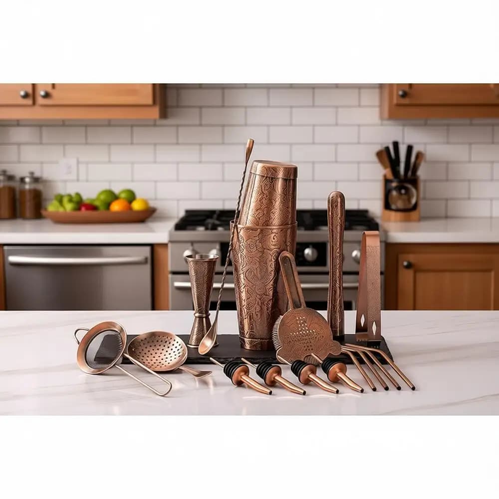 Set da Barman 18 Pezzi con Incisione 3D, Shaker Boston in Acciaio Inox, Utensili da Barman Placcati in Rame per Appassionati di Mixology