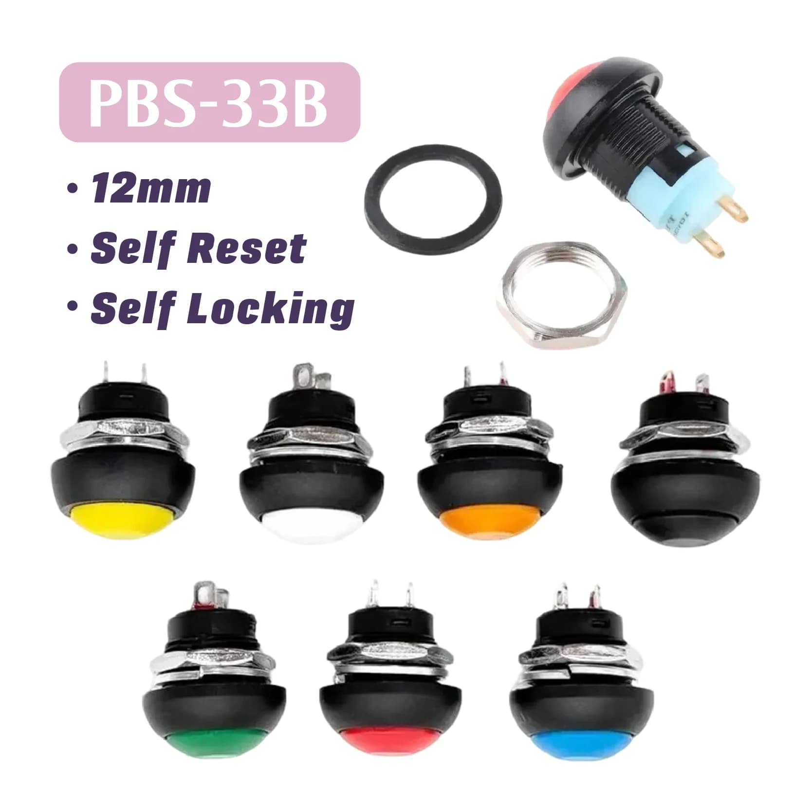 5 pz PBS-33B Auto-reset Autobloccante FAI DA TE Mini 12mm Interruttore di Pulsante Momentaneo 2Pin 1A DC12V 7 Colori