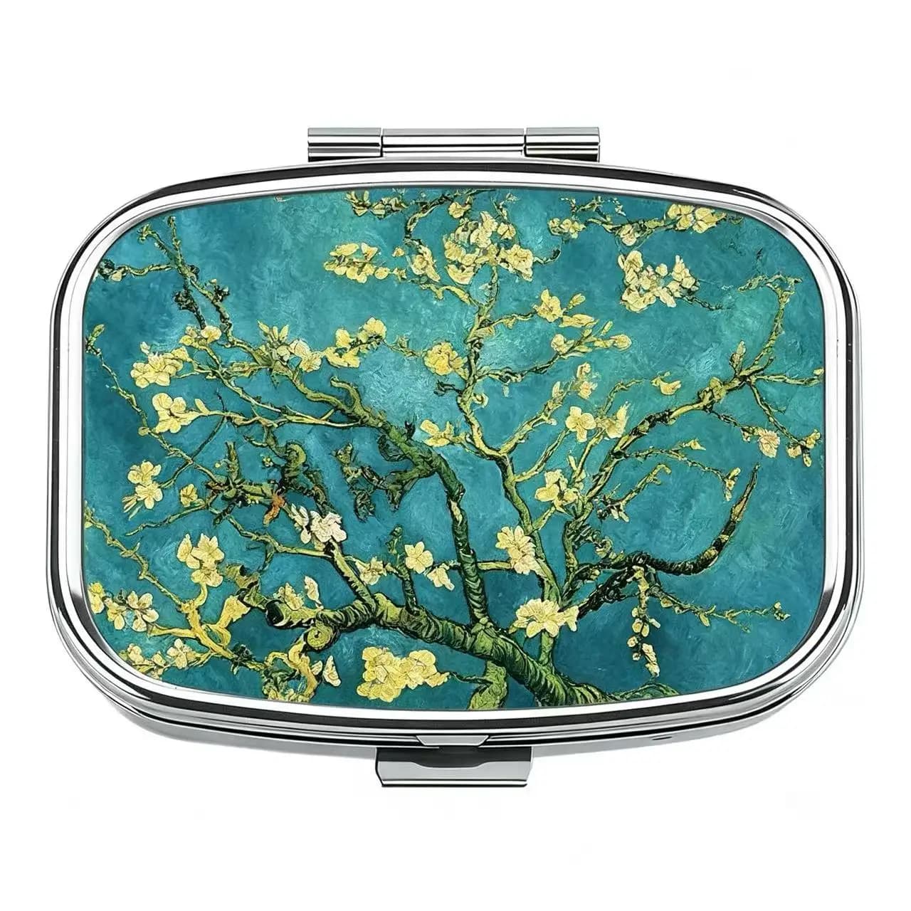 Portapillole in Metallo con Stampa 'Almond Blossom' di Van Gogh, Organizzatore Portatile a 2 Scomparti per Vitamine e Pillole
