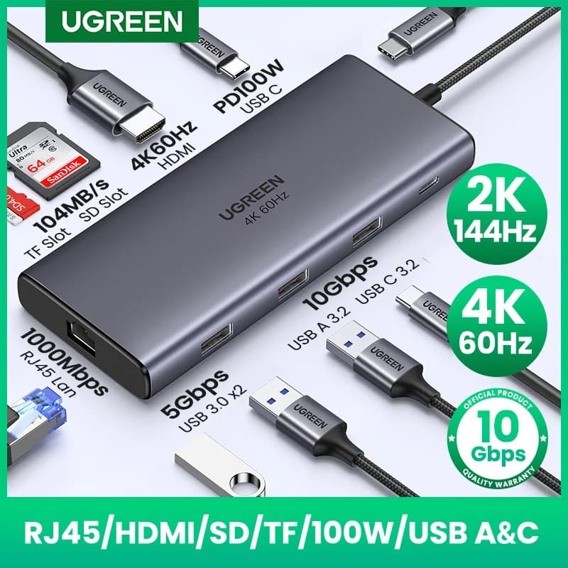 UGREEN USB-C HUB 9-in-1 Tipo-C a 4K60Hz HDMI 10Gbps Dati 1000Mbps RJ45 PD100W SD e TF per Accessori Laptop MacBook DELL iPad HP
