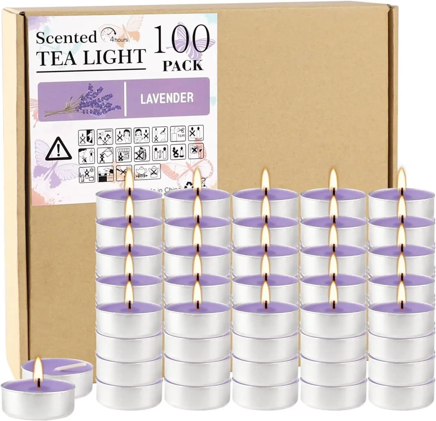 Candele Tealight Profumate alla Lavanda - Durata 4 Ore, Senza Fumo, Confezione da 100 per Decorazioni Casa ed Eventi