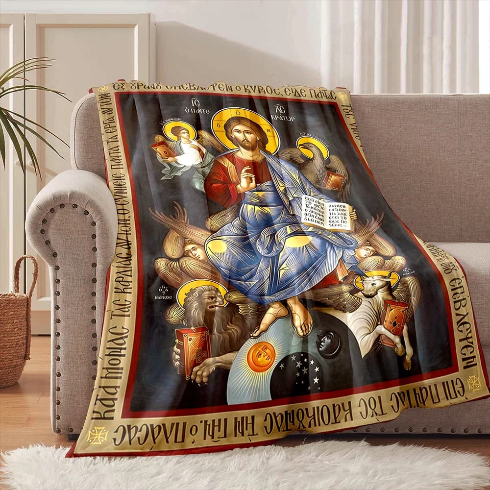 Icona di Cristo circondata da quattro creature. Coperta in flanella con stampa Faith, morbida e calda, adatta per casa, viaggi, picnic, campeggio, camper.