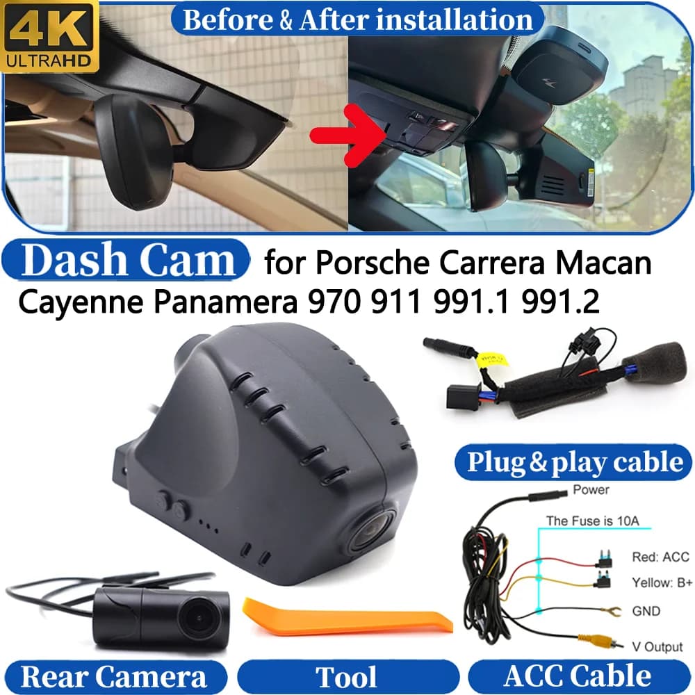 Dash Cam for Porsche Carrera Macan Cayenne Panamera 970 911 991.1 991.2 Front＆Rear 4K DVR Dashboard Camera Video Drive Recorder
