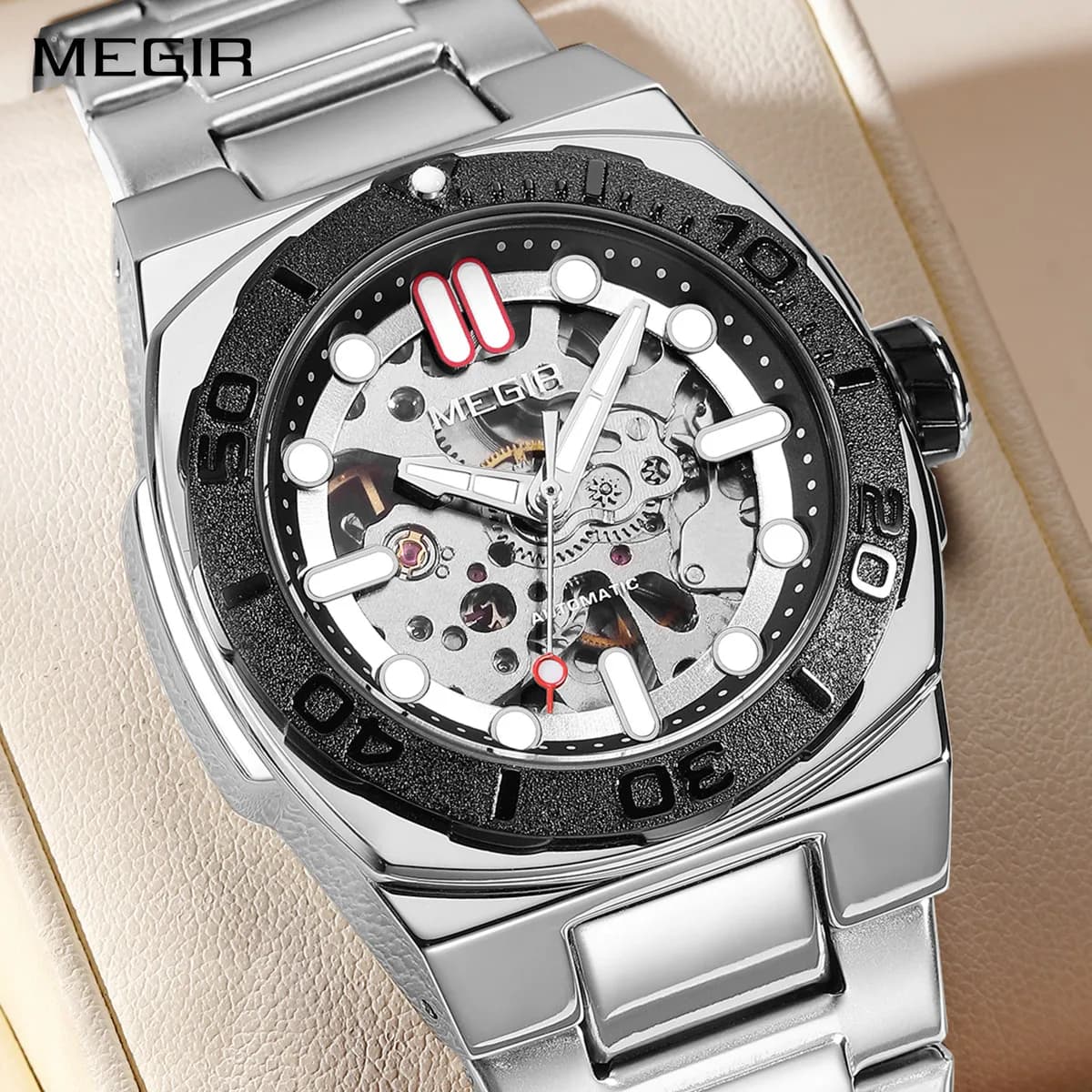 MEGIR quadrante scheletrato orologi meccanici per uomo orologio da polso da lavoro di lusso orologio automatico impermeabile in acciaio inossidabile 8606