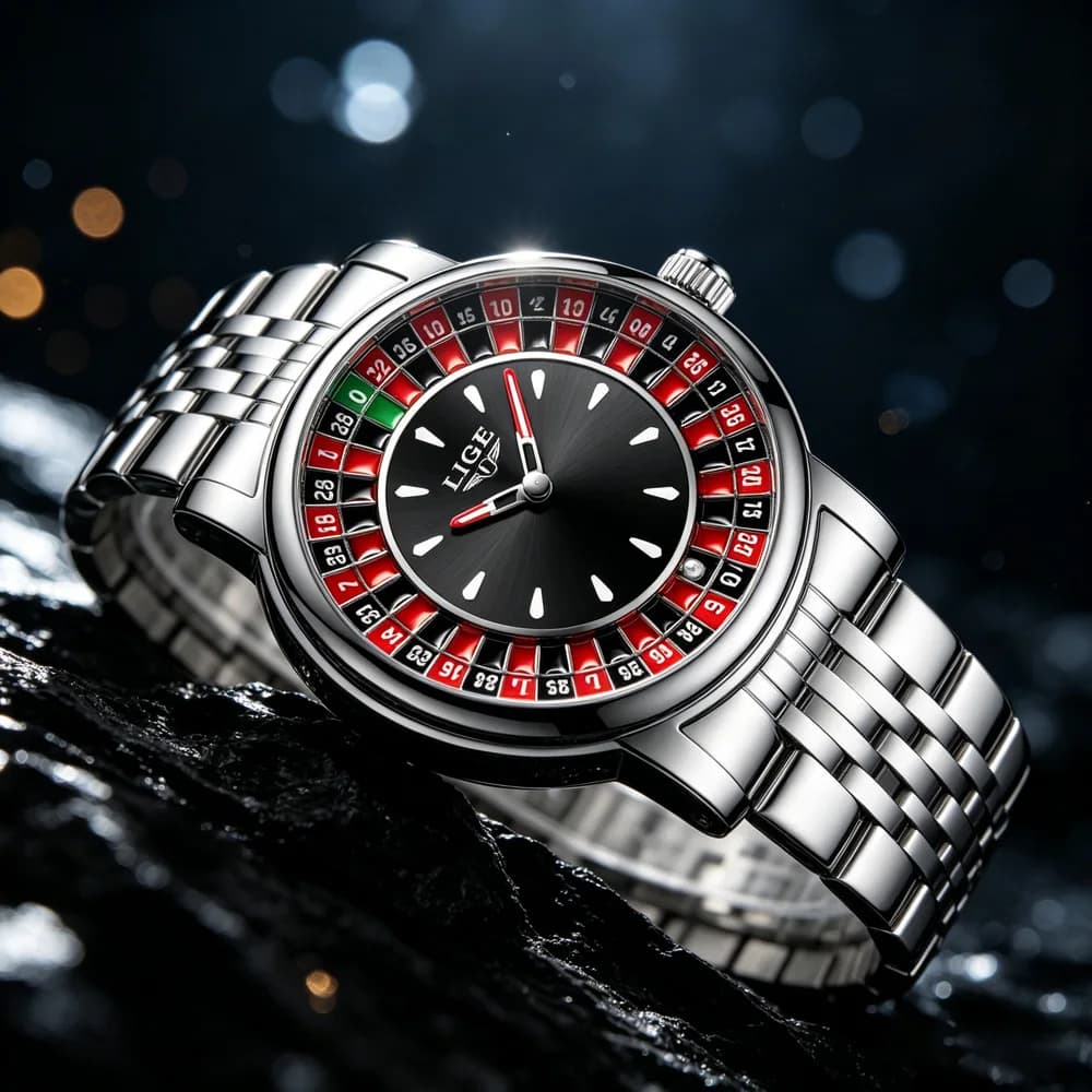 Orologio da uomo LIGE creativo color argento con quadrante a roulette, orologio da polso al quarzo in acciaio impermeabile e luminoso, alla moda