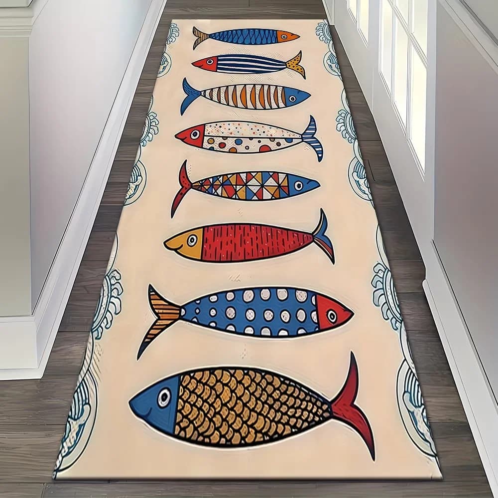Tappeto Lungo con Stampa di Pesci Cartoon, Tappetino Antiscivolo per Cucina, Ingresso e Casa, Design Marino alla Moda