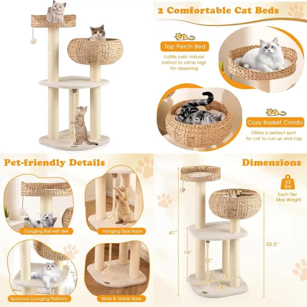 Albero per gatti moderno multilivello per interni con tiragraffi e condo in vimini fatto a mano per gatti, simpatico torre da gioco per gattini da 41 pollici