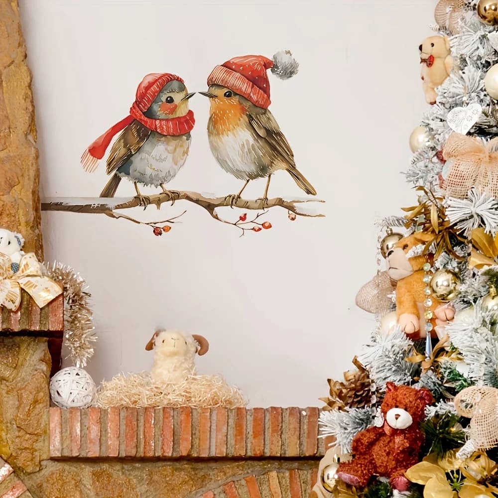 Watercolor Winter Robin Window Sticker Size 30x20cm Two Cute Little Birds Wearing Red Knit Hats And Scarves