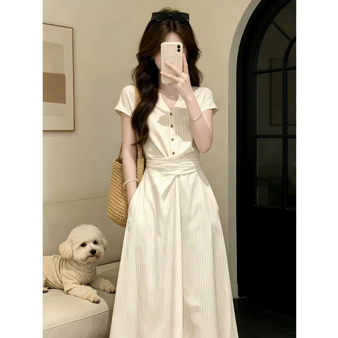 White Short Sleeve Women's Dress Slimming Waist A-Line Skirt Breathable Comfortable Spring Summer Autumn Seasonal Fashion