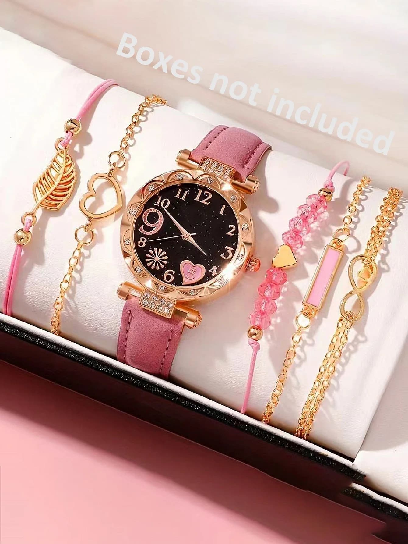 Set di 5 orologi da donna con cinturino in pelle scamosciata rosa, orologio da polso al quarzo con quadrante nero con numeri a forma di cuore + braccialetti impilabili con cristalli rosa a forma di foglia