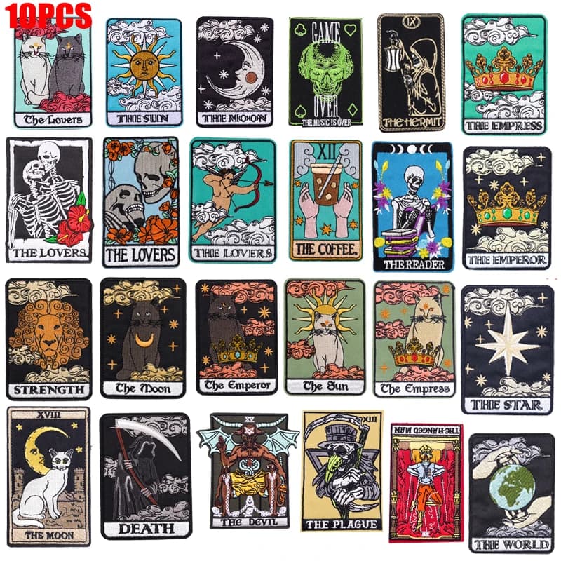 10 pz/lotto Tarocchi Carta Patch Ricamato Punk/Animale Gatto Patch Ferro Sulle Toppe E Stemmi Per Abbigliamento Giubbotti Cappelli Zaino Cucire Distintivi FAI DA TE