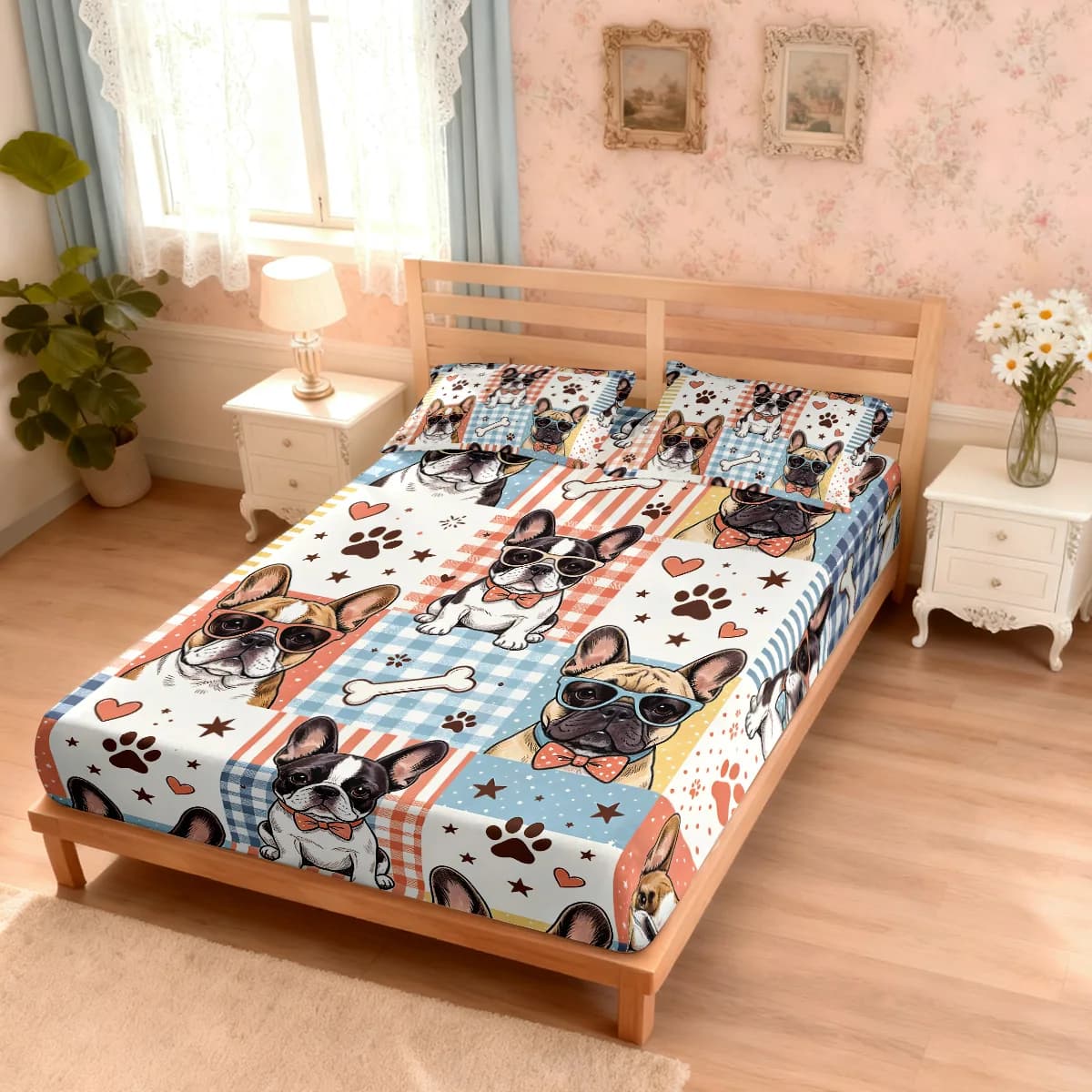 Set di 3 Lenzuola Senza Imbottitura con Stampa Bulldog Francese, Varie Misure, Morbide Coprilettiere, Decorazioni per Camera da Letto, Lavabili in Lavatrice
