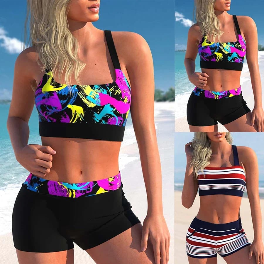 Nuovo Costume da Bagno Tankini da Donna alla Moda con Pantaloncini, Due Pezzi, Sexy, per Vacanze, Stampa Astratta Animale, Set da Spiaggia S-5XL