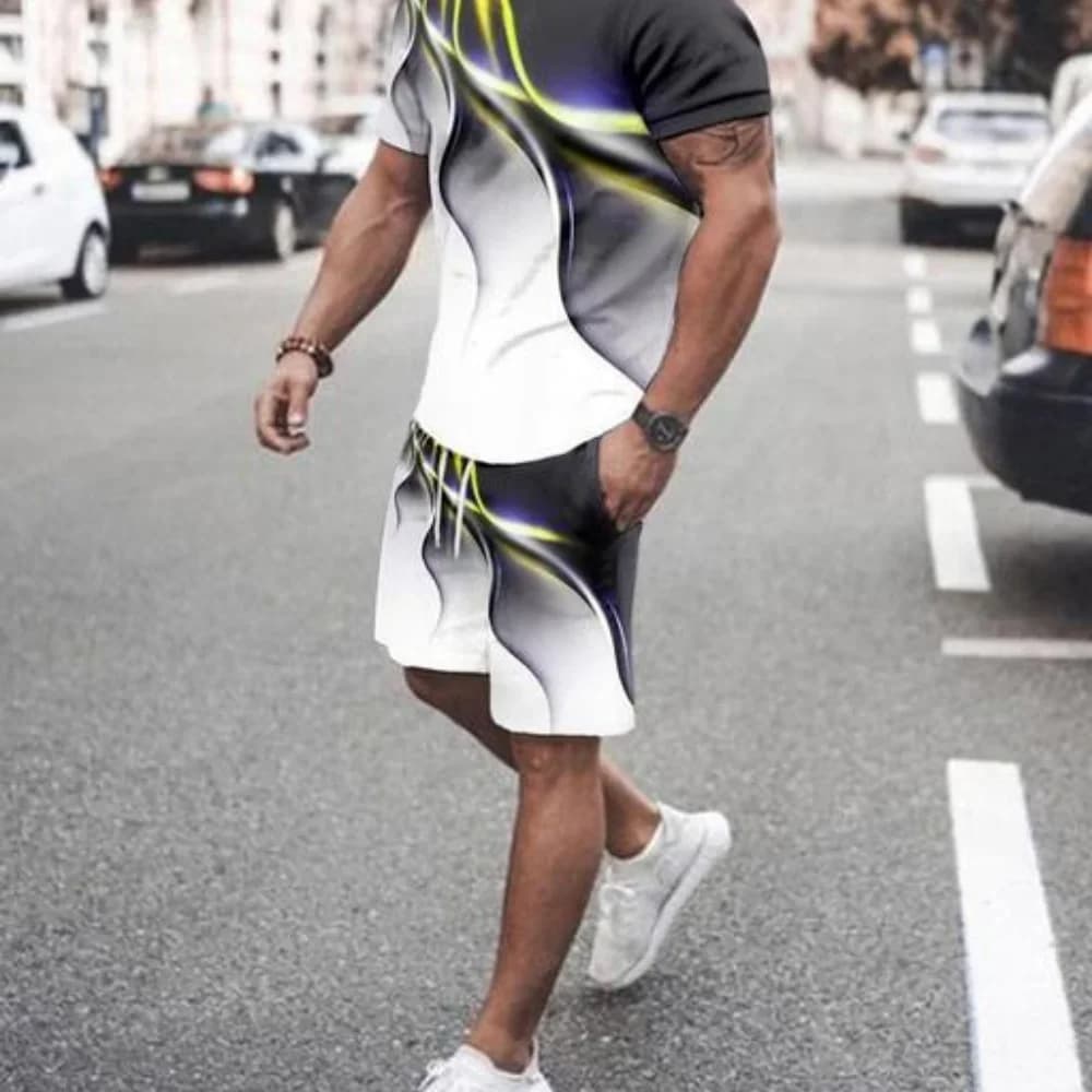 Fashion New Arrival Casual Men's T-Shirt and Shorts Set Striped Print Short-Sleeve Top with Drawstring Beach Shorts