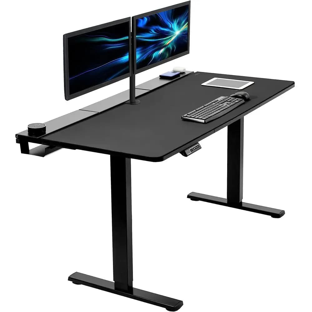 Convertitore per scrivania elettrica regolabile in altezza da 42 pollici, serie VE, supporto per doppio monitor con porta USB, da seduti a in piedi.