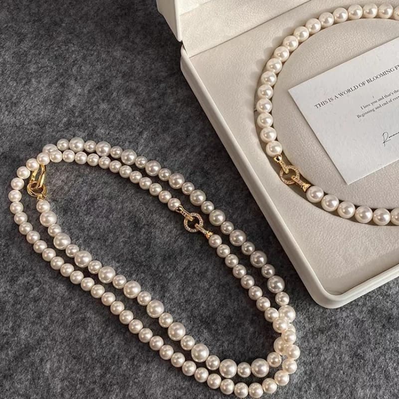 Silver & White Pearl Choker & Sweater Necklace – Full Diamond Circle Clasp, Light Luxury for Women