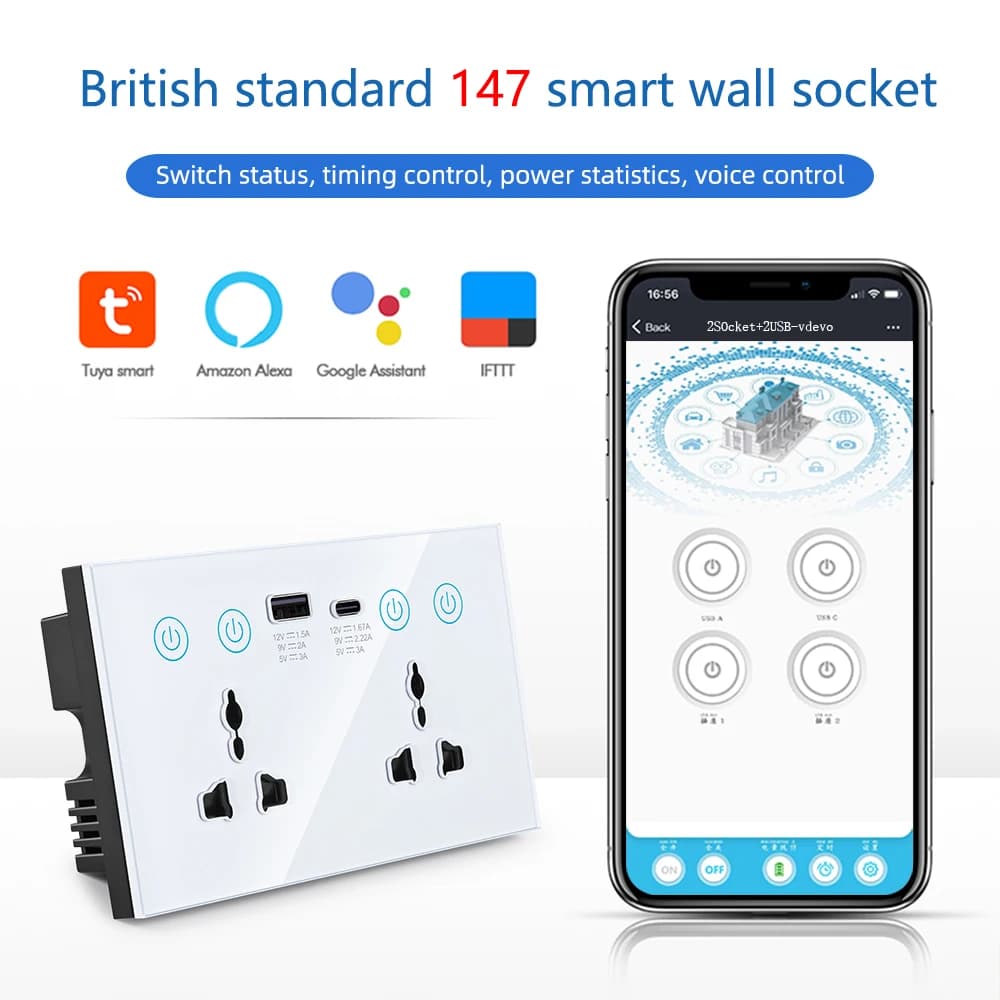 Tuya Wifi Smart USB Type-C PD 20A Wall mounted socket Universal power switch Wireless, Alexa Google Home