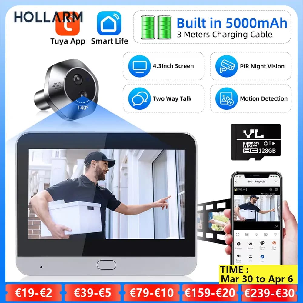 Hollarm 4.3 pollici Tuya Campanello Telecamera Wifi Spioncino Telecamera per porta 1080P PIR Visione notturna Rilevazione movimento Visualizzatore porta видеог