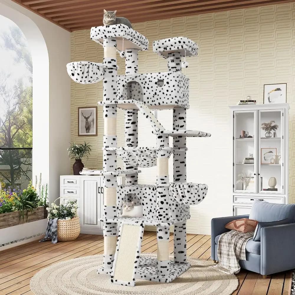 Torre per Gatti Multi-Livello da Interno con Amaca, Piattaforme, Tiragraffi, Casetta per Animali, Base Larga, Bianco e Nero a Pois