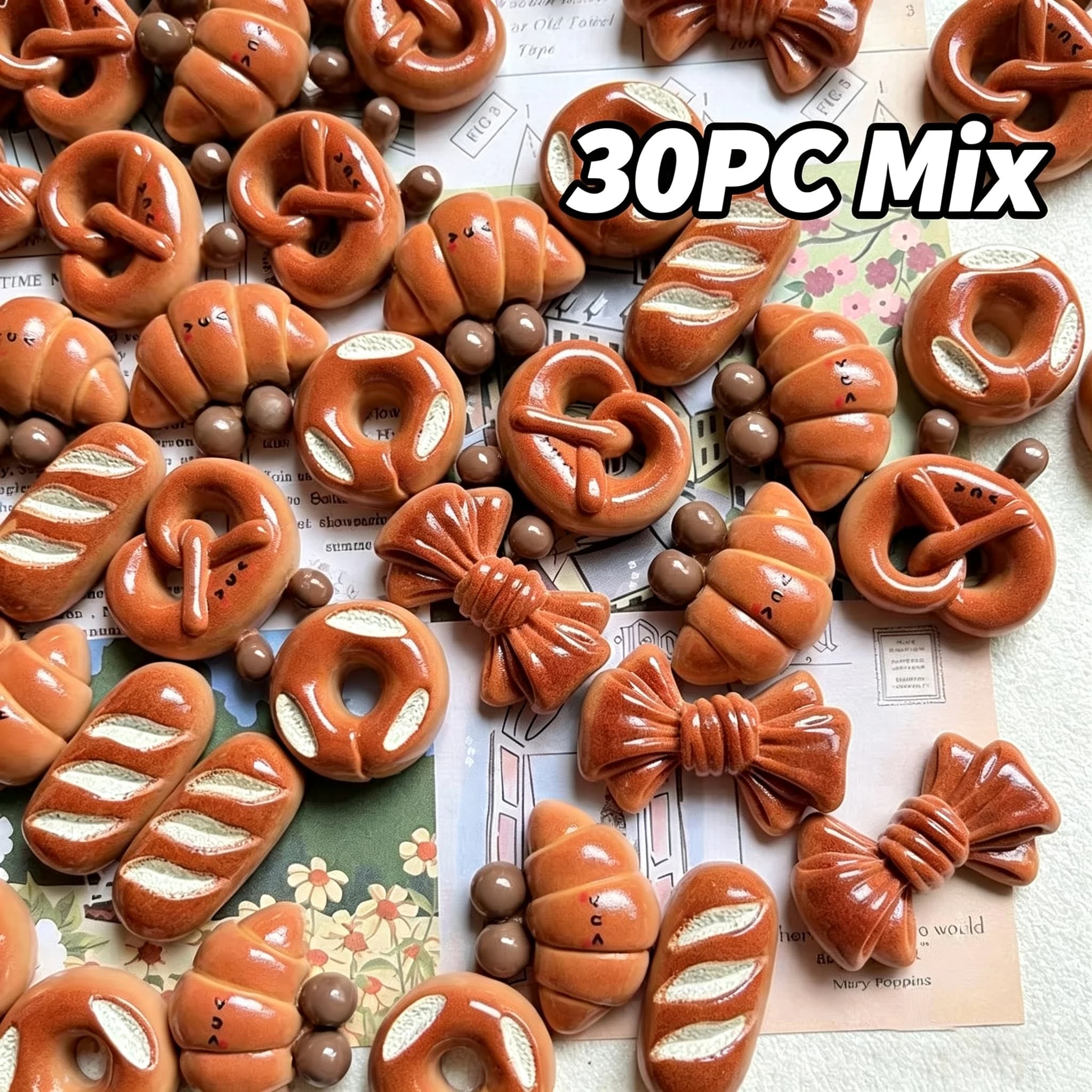 30PC Realistic Cute Alkaline Bread Baguette Food Toy DIY Cream Clay Resin Accessories Hairpin Flower Buckle Materials Decoration