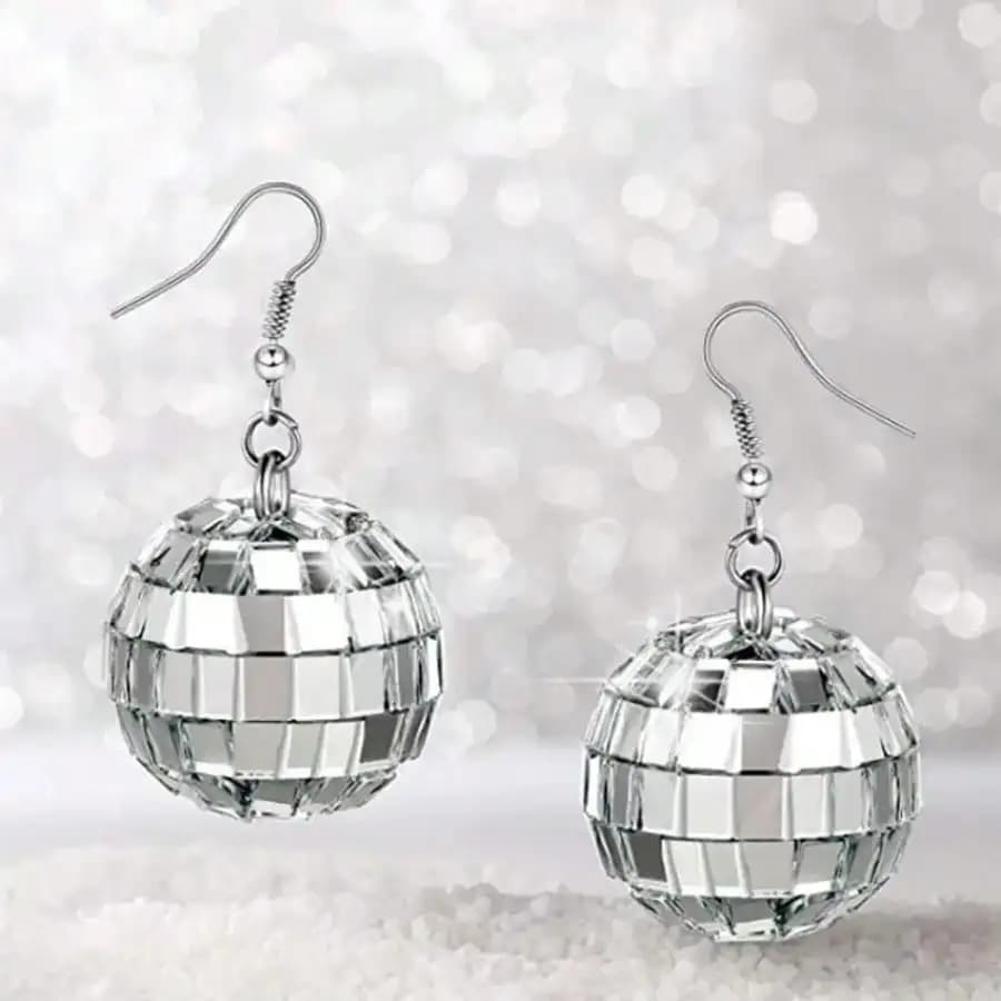 Orecchini pendenti a sfera da discoteca color argento per donna, design a sfera sfaccettata scintillante