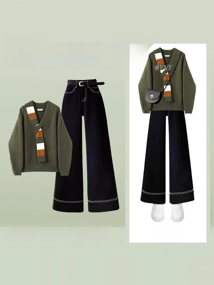 Striped Korean sweater with fake scarf and V-neck, autumn/winter outfit for women, oversize mesh, straight leg jeans, female fashion