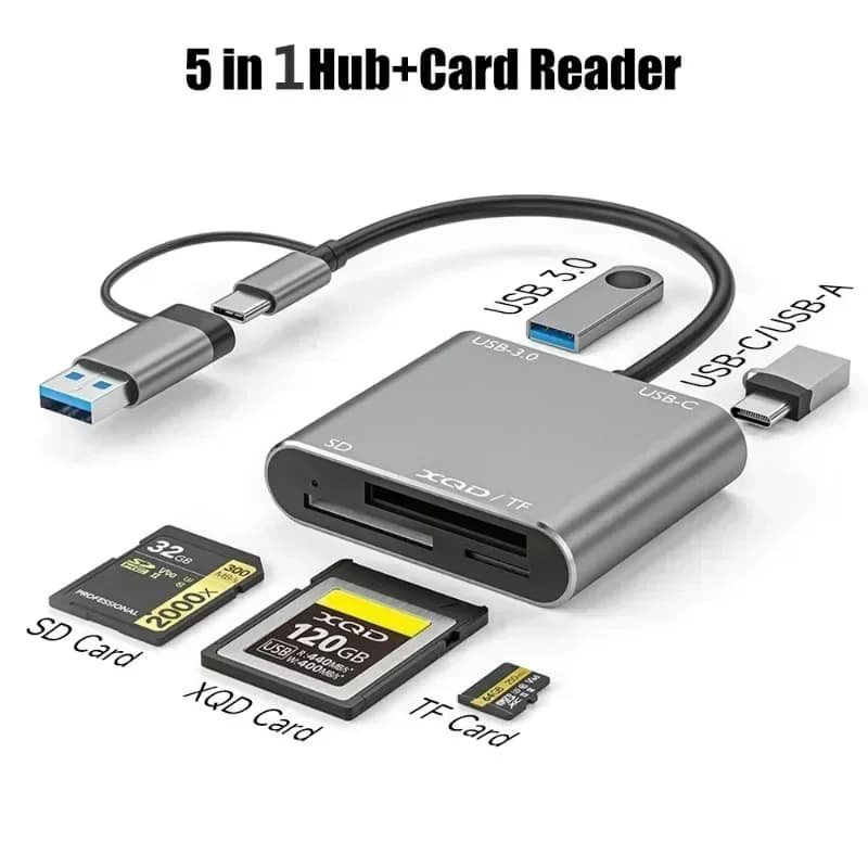 Lettore di Schede USB 3.0 5 in 1, Adattatore USB-C per Schede TF SD XQD, Compatibile con MacBook Pro/Air 15 Pro/Max