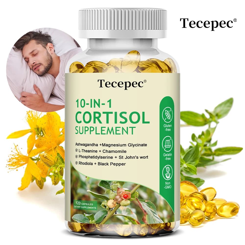 Supplements Cortisol 10 in 1 with magnesium, Ashwagandha, chamomile, L-theanine, vitamin C and D3, for women and men, vegan