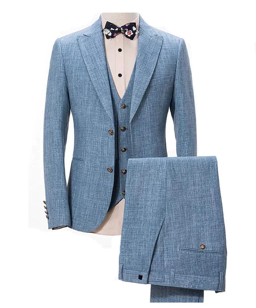 Nuovo Design abito di lino azzurro per uomo 3 pezzi Set da ballo formale da sposa giacca Slim Fit Best Man smoking Costume Homme Suit
