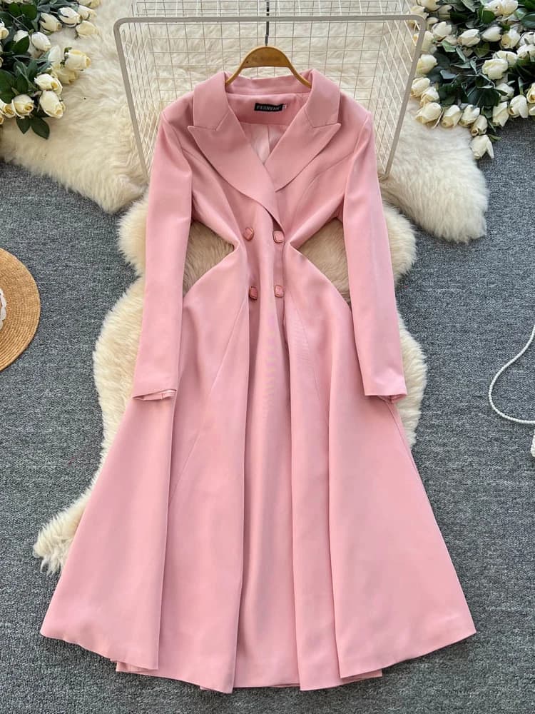 Retro Ladylike Abito doppiopetto Colletto Giacca a vento Dr Dimagrante Vita alta Gonna a trapezio Lunga Sve Autunno Inverno Dr