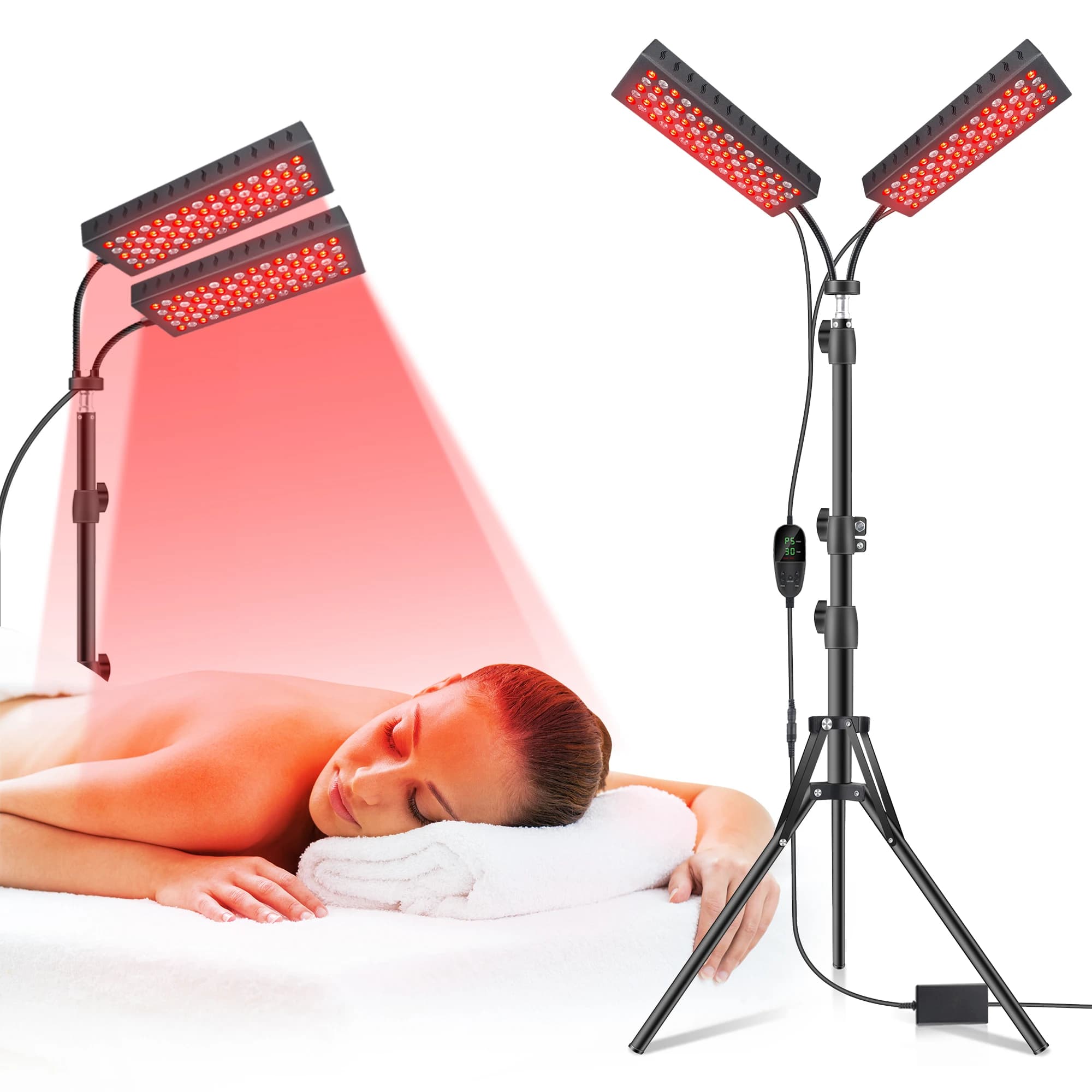 Home Beauty Device Red Light Therapy Floor Lamp Dual Head 660nm LED Adjustable Height Full Body Pain Relief 360° Rotatable Pane