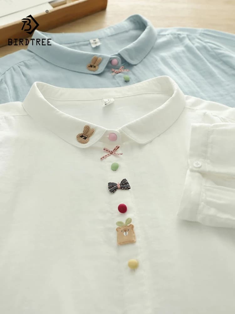 New 2026 Summer Women Cotton Yarn Half Sleeve Shirt, Lapel Cartoon Bow, Mori Girl Sweet Preppy Style Thin Loose Blouse T65355CC