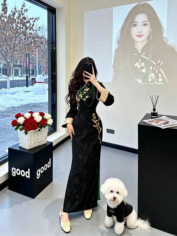 2026 New Black Women's Long Sleeve Autumn Winter New Chinese Style Young Daily Dress Retro Long Dress