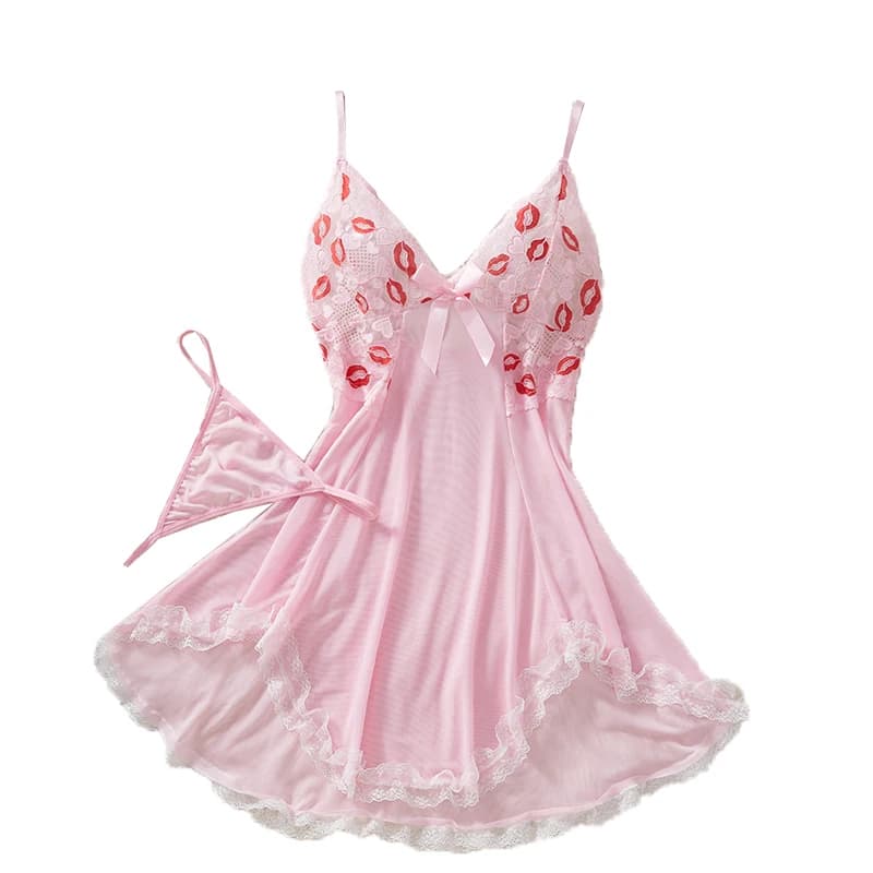 Abito da notte trasparente rosa, pigiama sexy da donna, camicia da notte e perizoma, reggiseno in pizzo con scollo a V profondo e fiocco, intimo erotico.