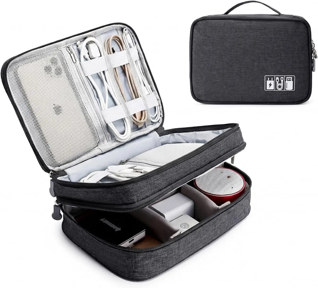 Travel Cable Organizer Bag, Electronic Accessories Case Portable Double Layer Cable Storage Bag for Cord,phone,Charger, Flash Drive, Phone, SD Card,Personal Items - (Black)