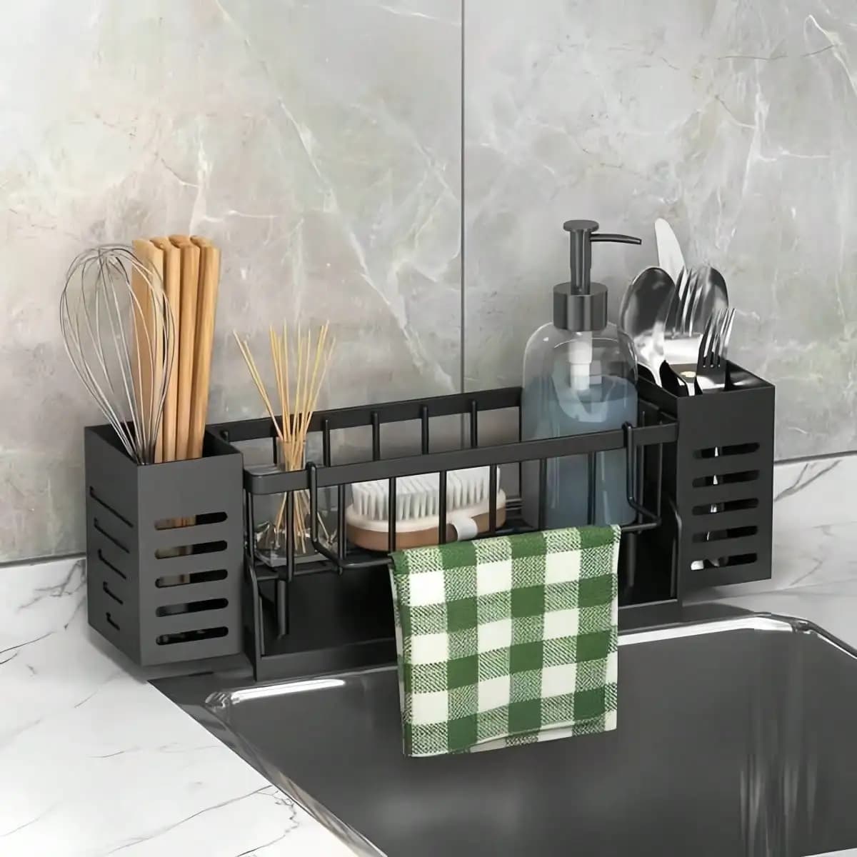 Cestino portaoggetti nero/grigio con scomparto per 2 bacchette/coltelli e forchette, porta spugna e sacchetto porta palline per lavello, cestino portaoggetti per lavello cucina e bagno, sacchetto porta palline per lavello cucina con porta spazzole, contenitore porta bacchette, organizer per lavello cucina, organizer porta spugne con portasciugamani, organizer per lavello cucina