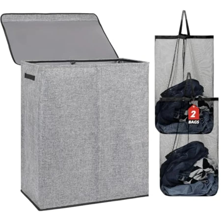 Cesto per Bucato Doppio con Coperchio e Sacchi Rimovibili, Grande Cesto Pieghevole per Biancheria con 2 Scomparti per Camera da Letto, Bagno