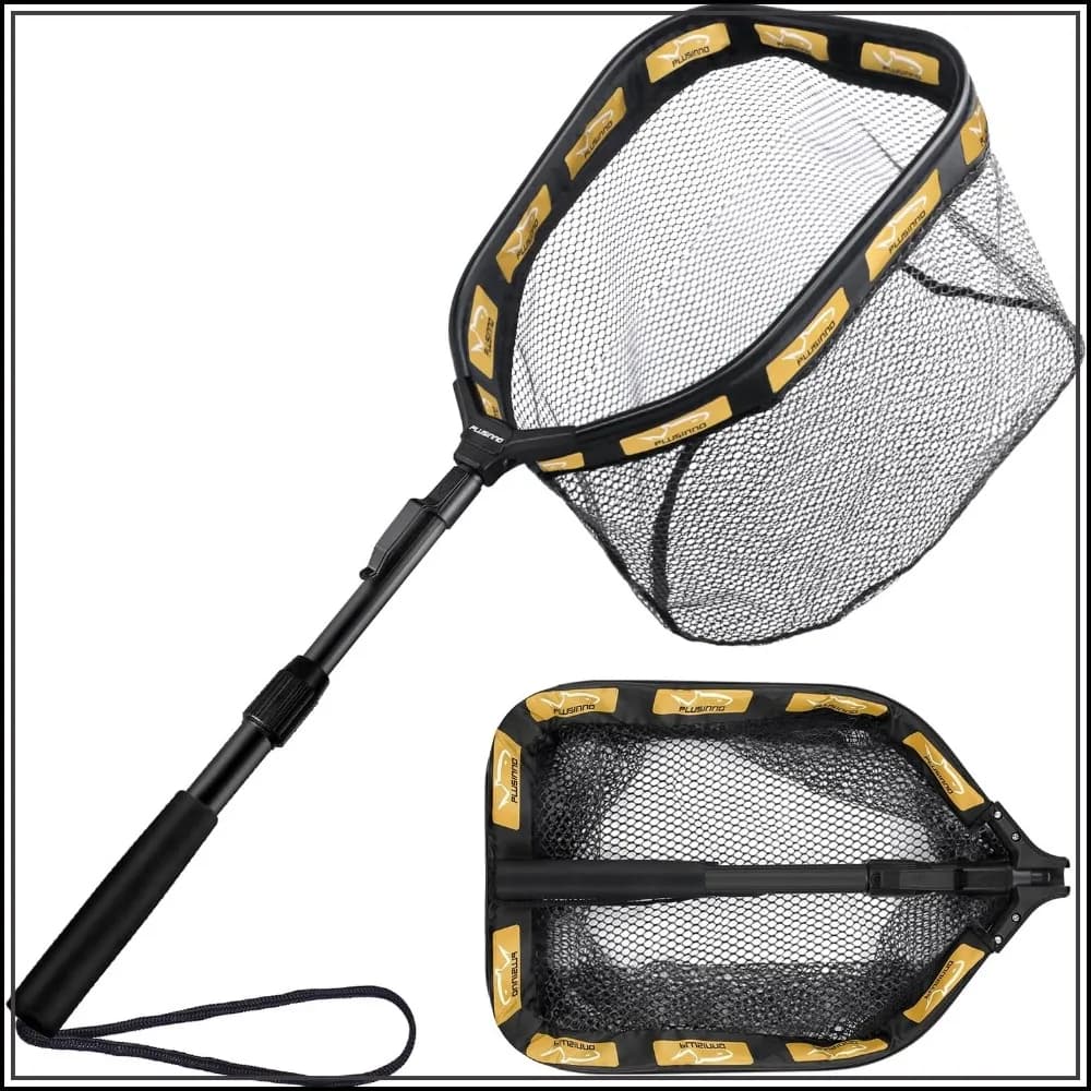Floating Fishing Net for Salmon, Bass, Trout, Steelhead, Fly, Kayak, Catfish - Rubber Coated Foldable Landing Net with Telescoping Pole Handle, Fishing Gear for Men