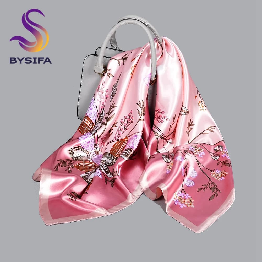 BYSIFA | Sciarpa scialle di seta rosa nuova moda donna elegante sciarpe in raso quadrato floreale Fouldard sciarpe al collo autunno inverno Hijiabs