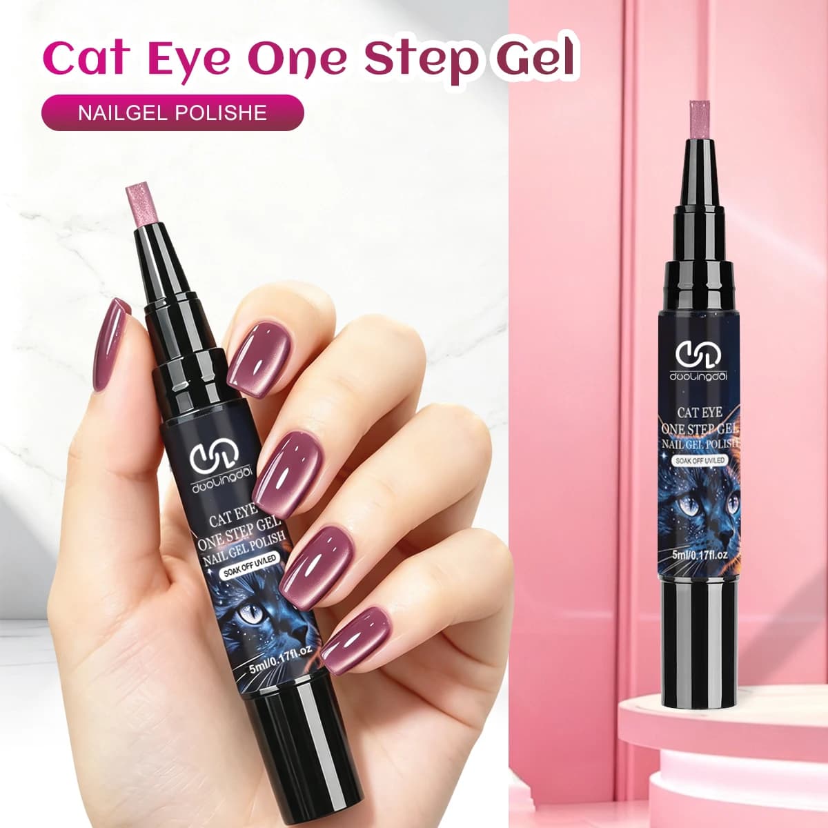 One-Step Gel Polish & Cat Eye Gel Nail Polish with Top Coat/Base Coat in One Pen - Soak-Off Lamp Sparkle Polish, DIY Gel Nail Se