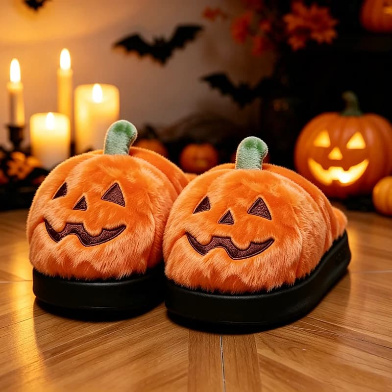 Halloween 3D Pumpkin Plush Slippers Women Fluffy House Slides Unisex Winter Platform Shoes Girls Non-Slip Indoor Holiday Party